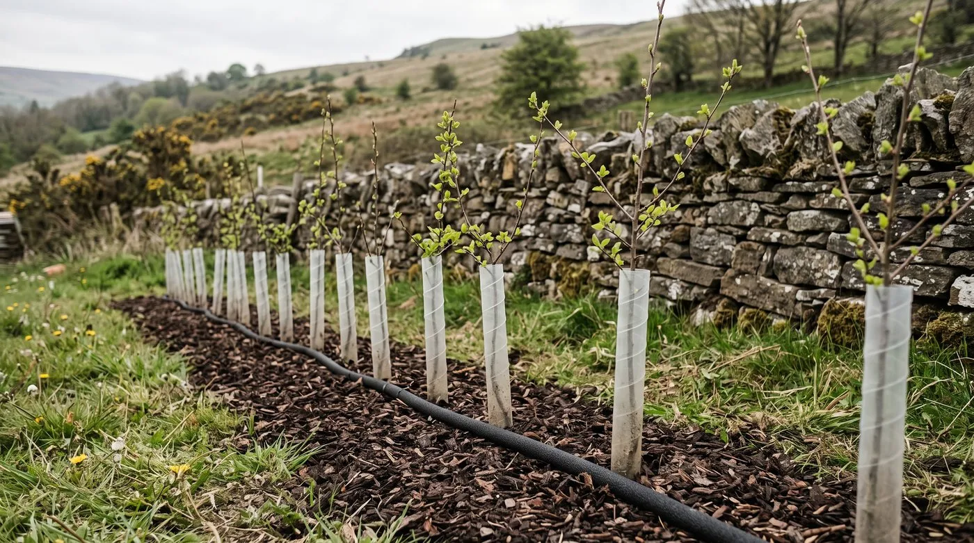 Young hedge planting with spiral rabbit guards, a mulched weed-free strip and a soaker hose along the row