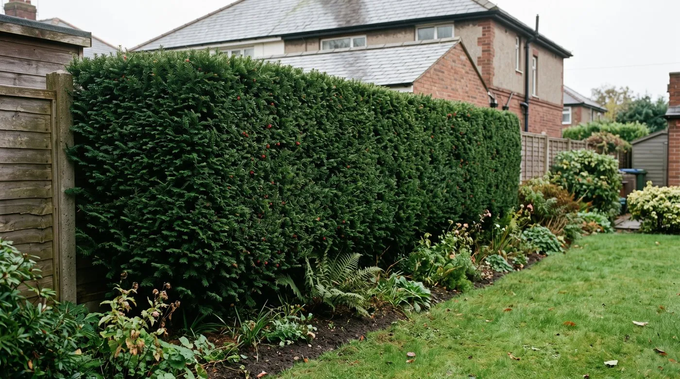 Dense clipped yew hedge planting along a shady north-facing boundary of a UK suburban garden