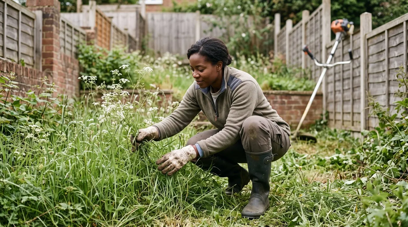 Gardener checking long grass for sleeping hedgehogs before strimming in a UK terraced back garden