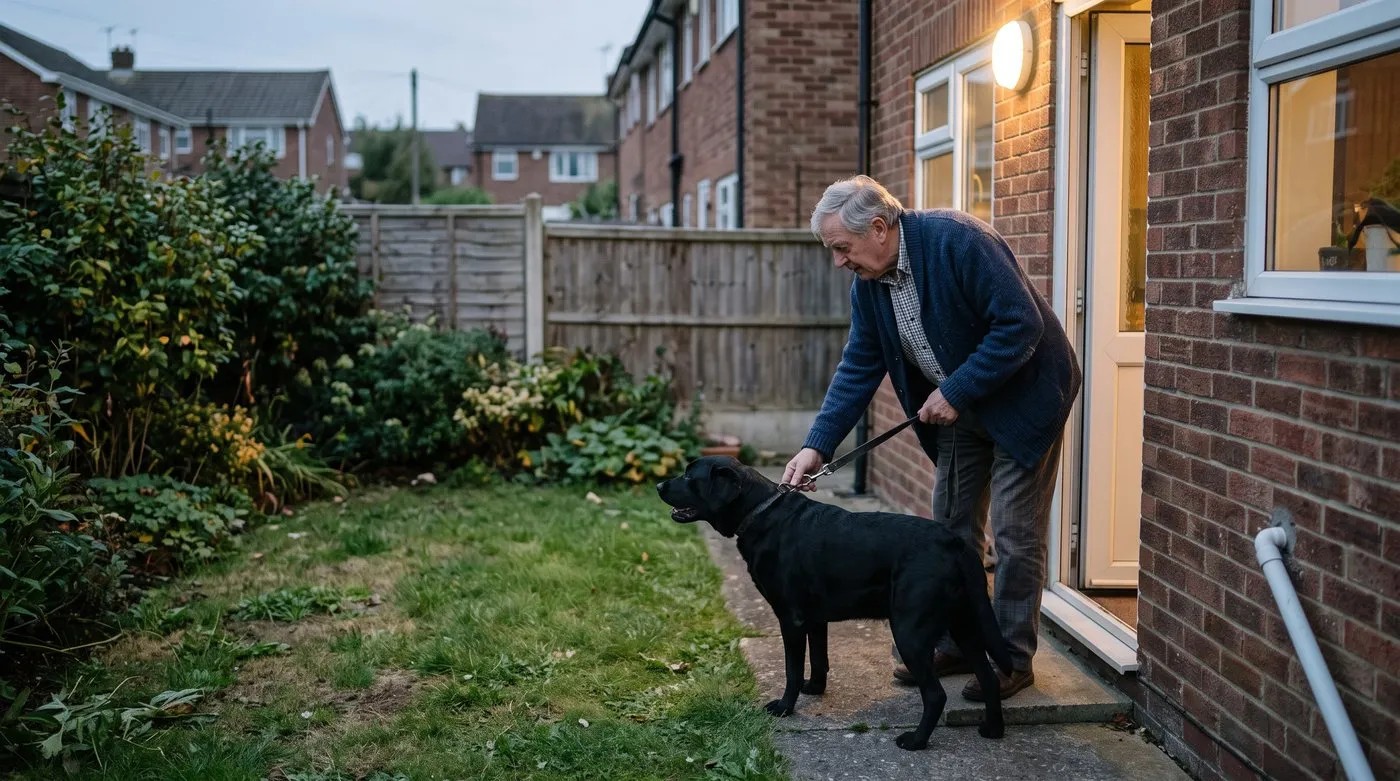 Man with a dog on a lead and the outside light on at dusk, giving hedgehogs time to move off