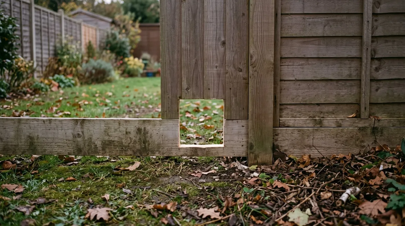 Hedgehog-friendly garden fence with a 13cm square hole cut into the gravel board between two gardens