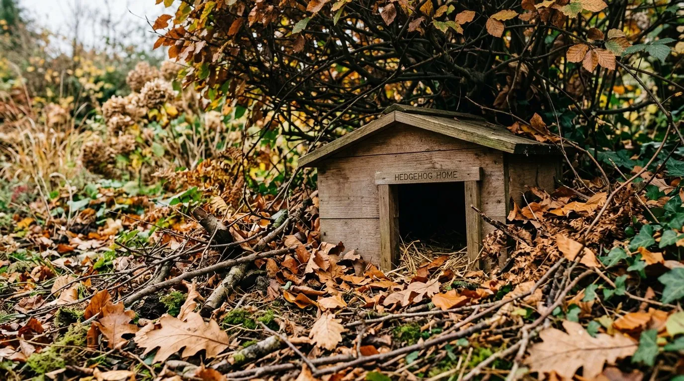 Wooden hedgehog house set under a bush with leaf litter in a UK autumn garden