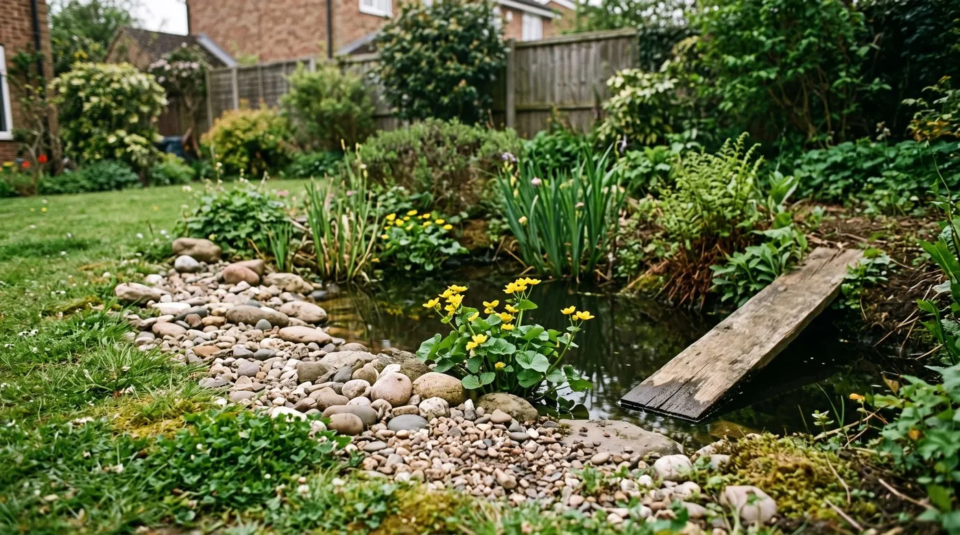Garden pond with a sloping pebble beach and rough plank ramp so hedgehogs can climb out