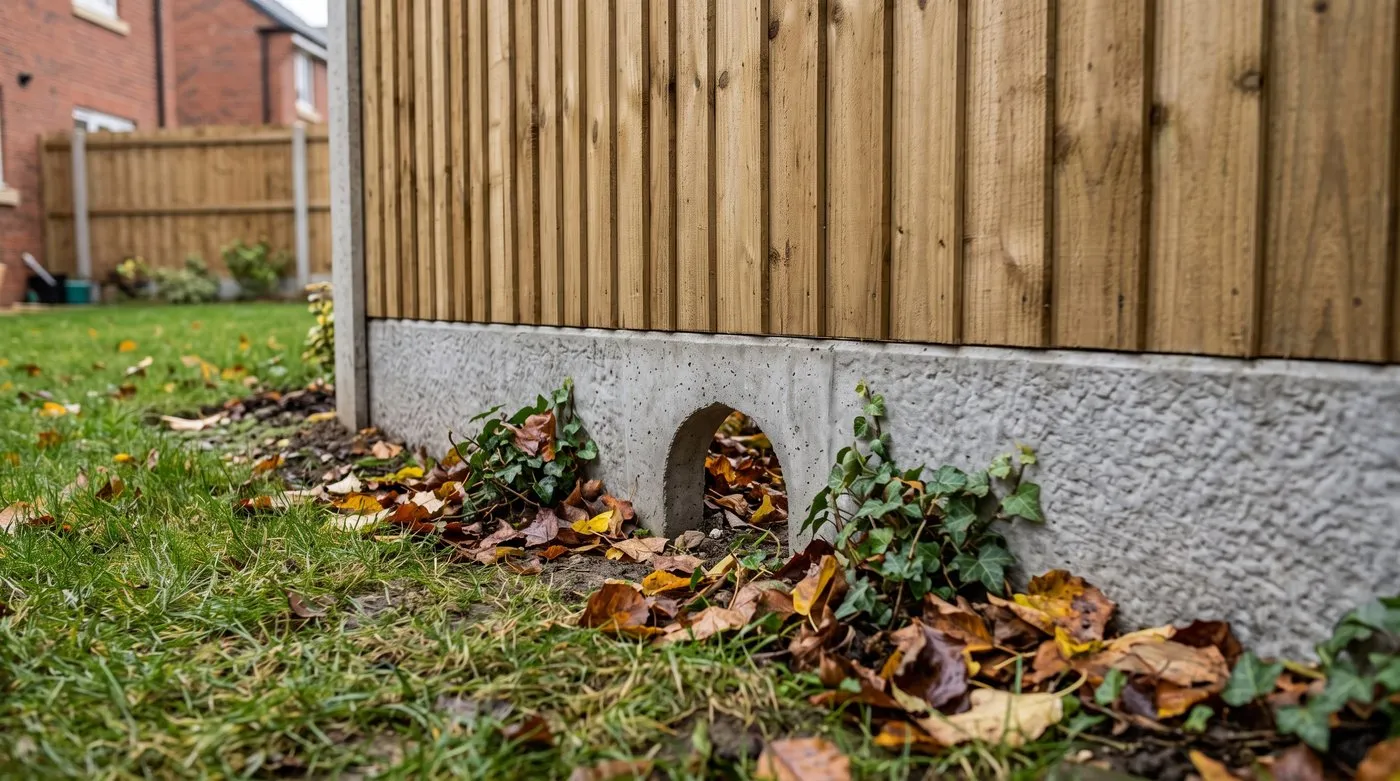 Concrete gravel board at the base of a fence with a small arched hedgehog gap at ground level