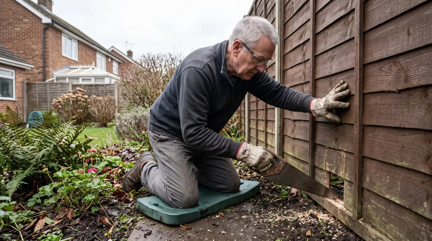 Older man in gloves cutting a small square hedgehog gap at the bottom of a fence panel with a handsaw