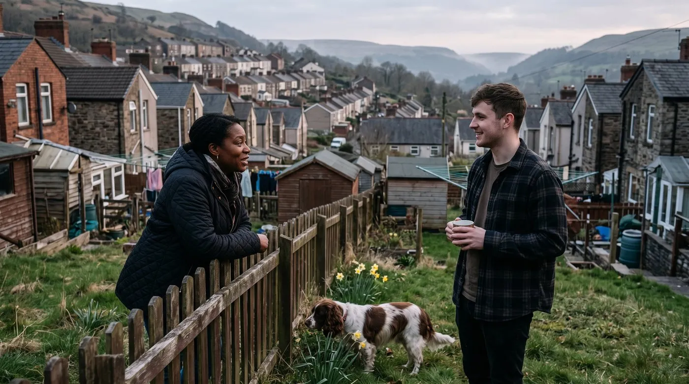 Two neighbours chatting over a garden fence while a spaniel sniffs along the bottom of it