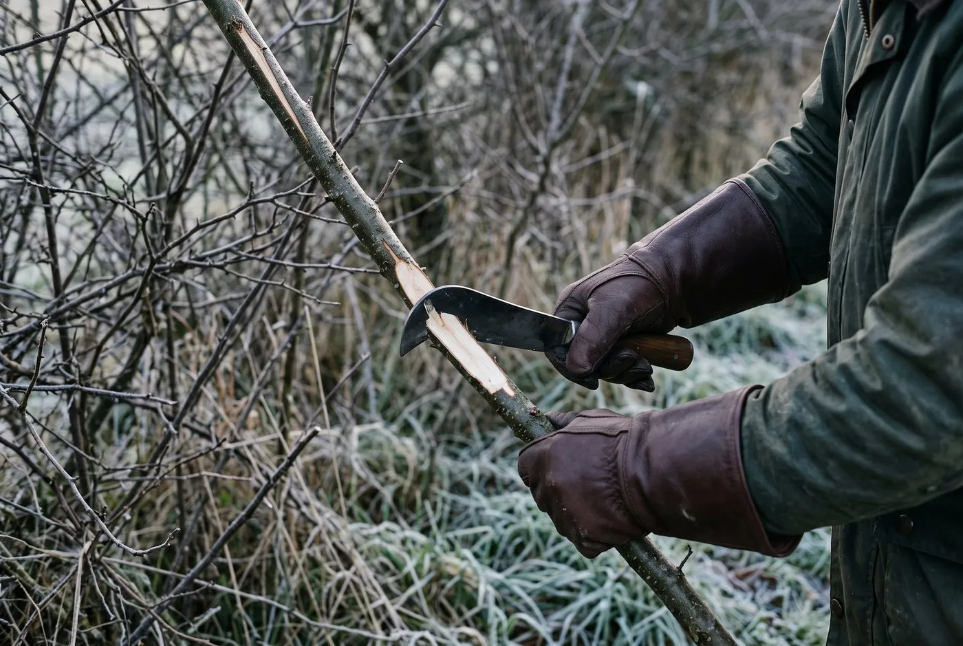Hedgelaying with a billhook: a man in his fifties in thornproof gloves part-cutting a pleacher low at the base of a hedge
