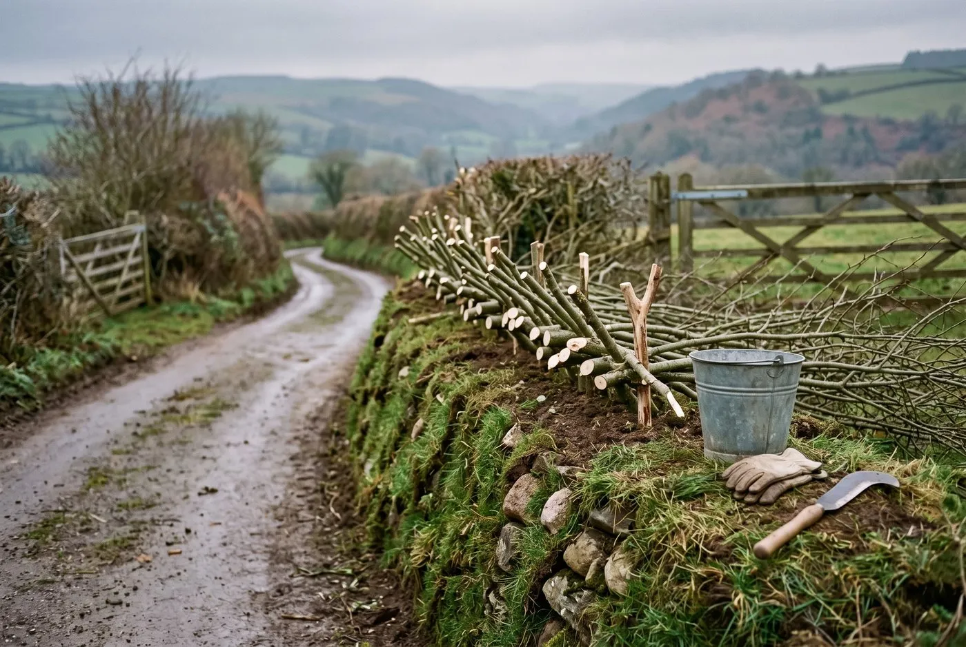 Devon-style hedgelaying on a turf-faced earth bank beside a lane, pleachers laid along the top and pinned with a wooden crook