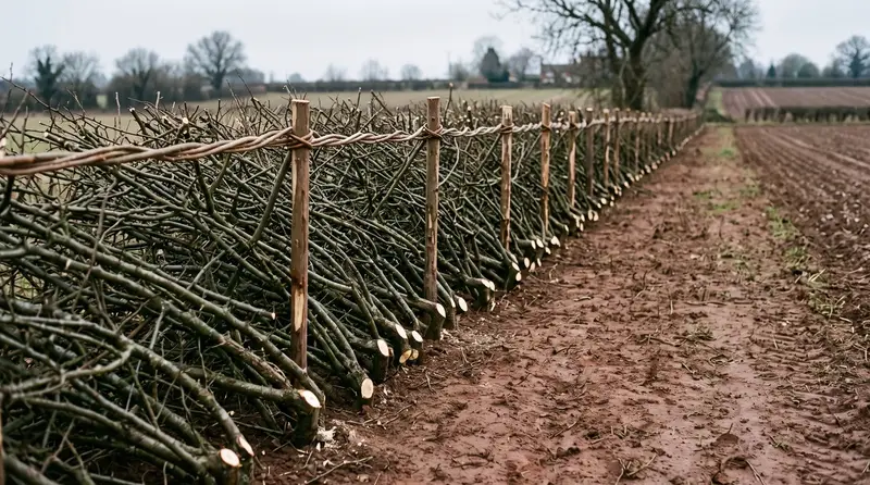 Hedgelaying: freshly laid hawthorn hedge with vertical stakes and twisted binders on a bare winter UK field boundary