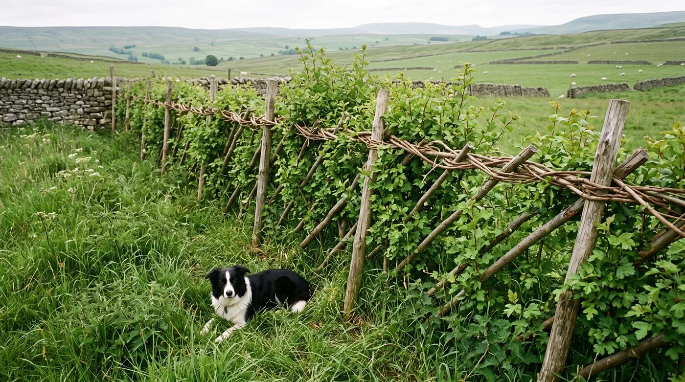 Laid hawthorn hedge in early summer with fresh green shoots rising from the base and a sheepdog resting beside it