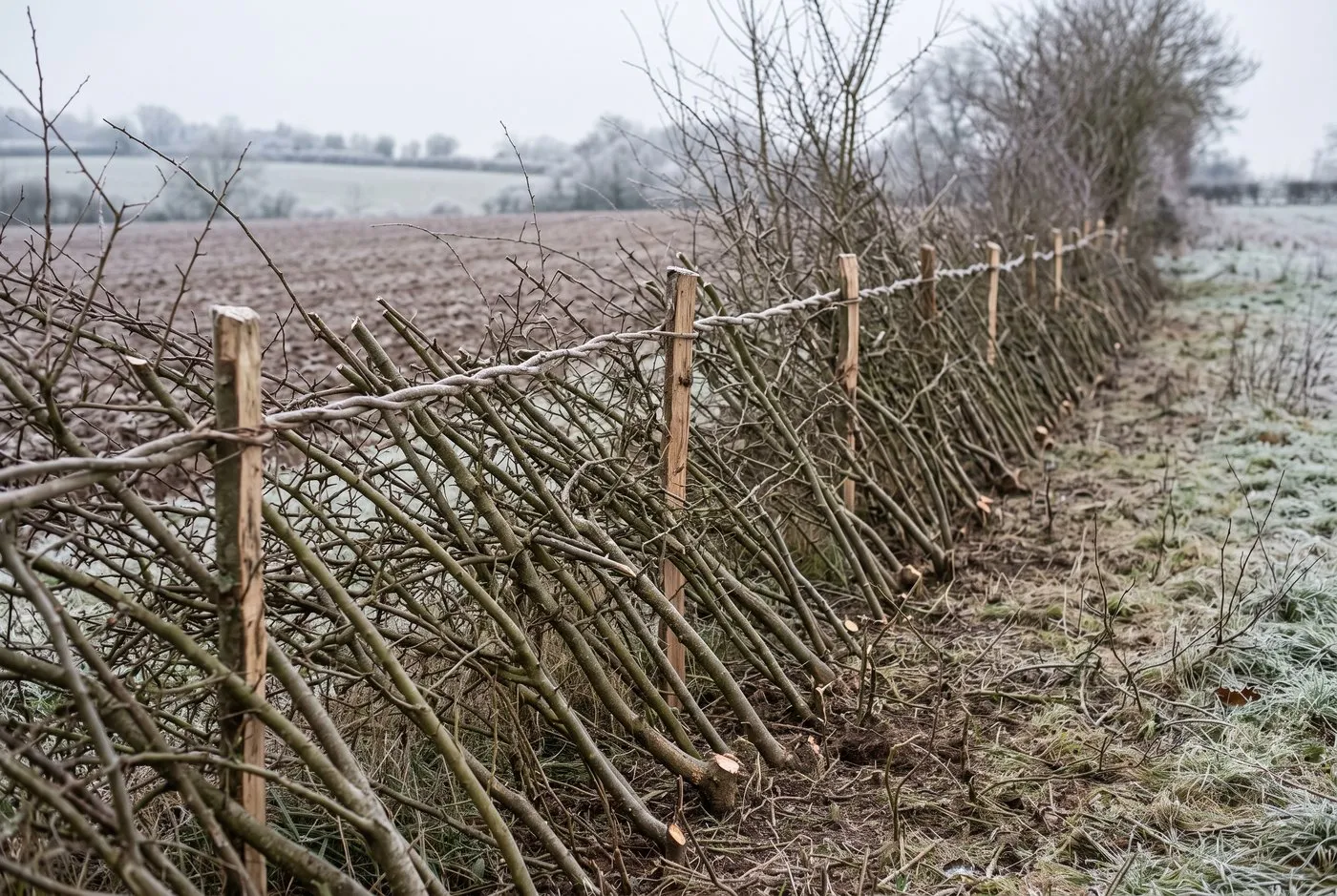 Hedgelaying in Midland style, a laid hedge held by vertical stakes and woven hazel binders on a frosty field boundary