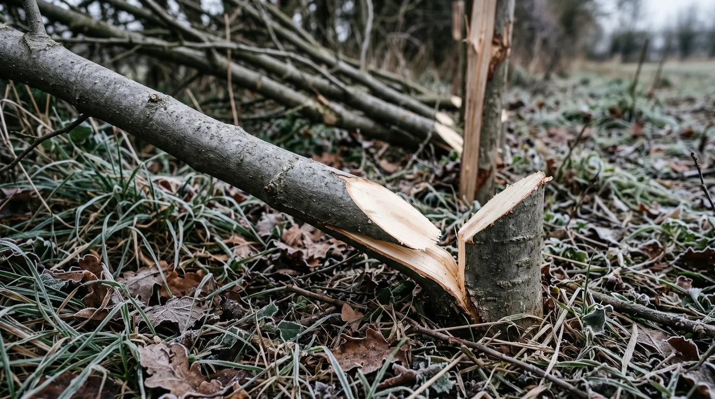 Hawthorn pleacher cut near the base and bent over, still joined to its stump by a strip of bark and living wood