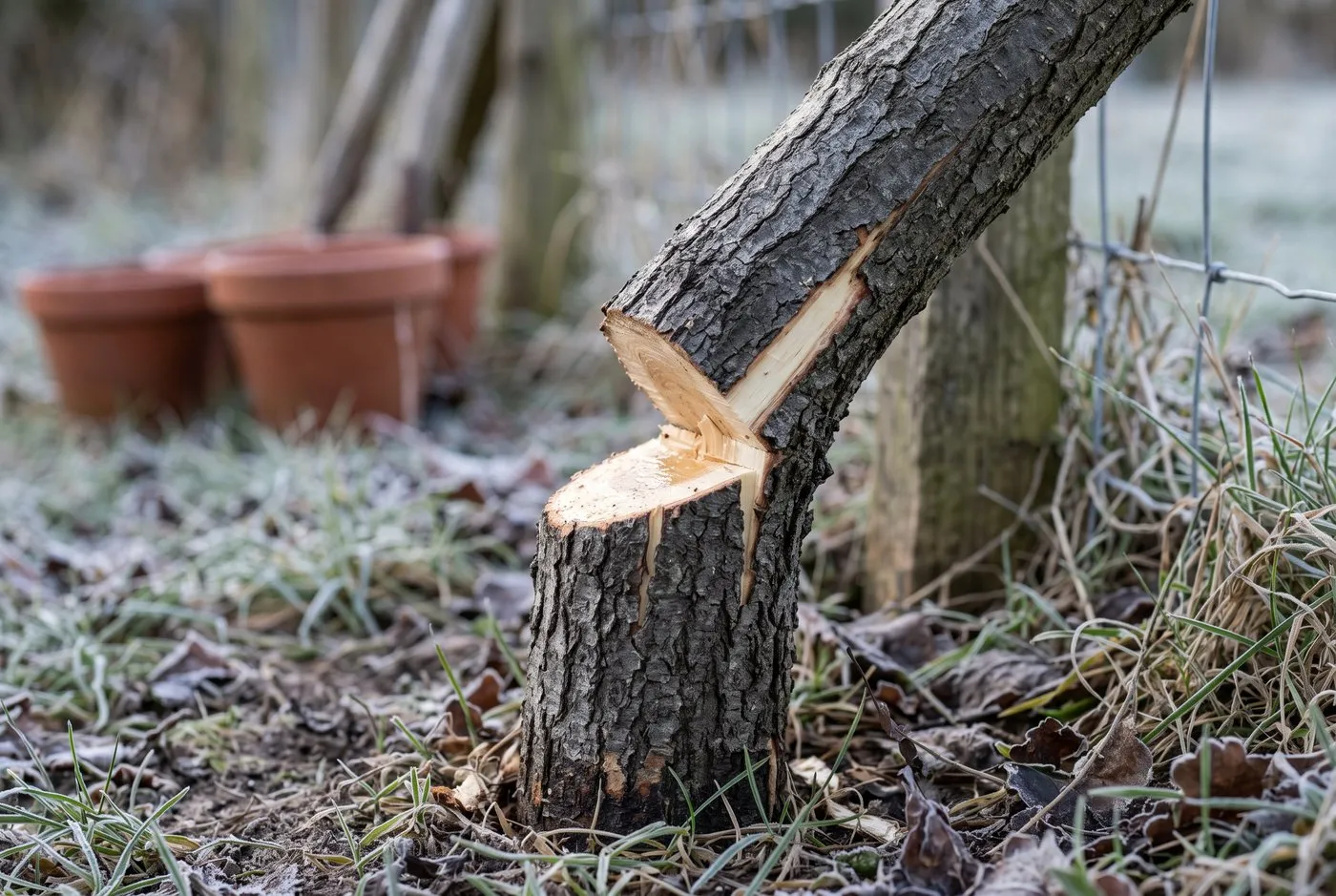 Hedgelaying close-up of a part-cut pleacher bent over, still joined to the stool by a pale strip of living sapwood hinge
