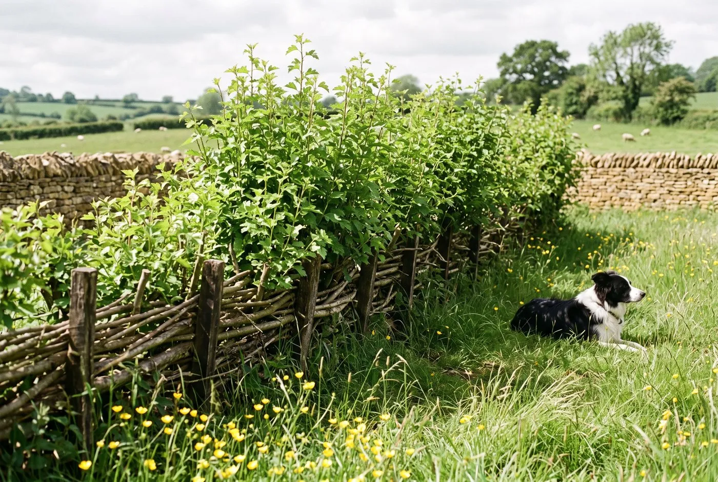 Hedgelaying regrowth in June: a laid hedge thick with fresh green base shoots, with dry stone walls and a collie beyond