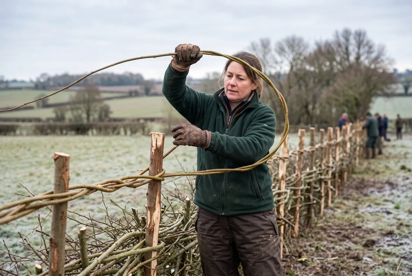 Hedgelaying course: a woman in her forties in leather gloves weaving a long binder around the stake tops of a laid hedge