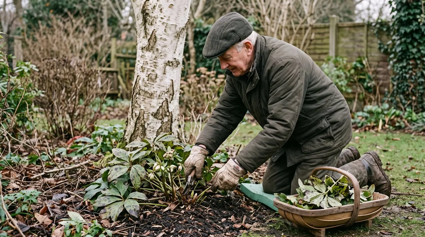 Older man cutting old Lenten rose leaves off at the base in January to reveal the flower buds