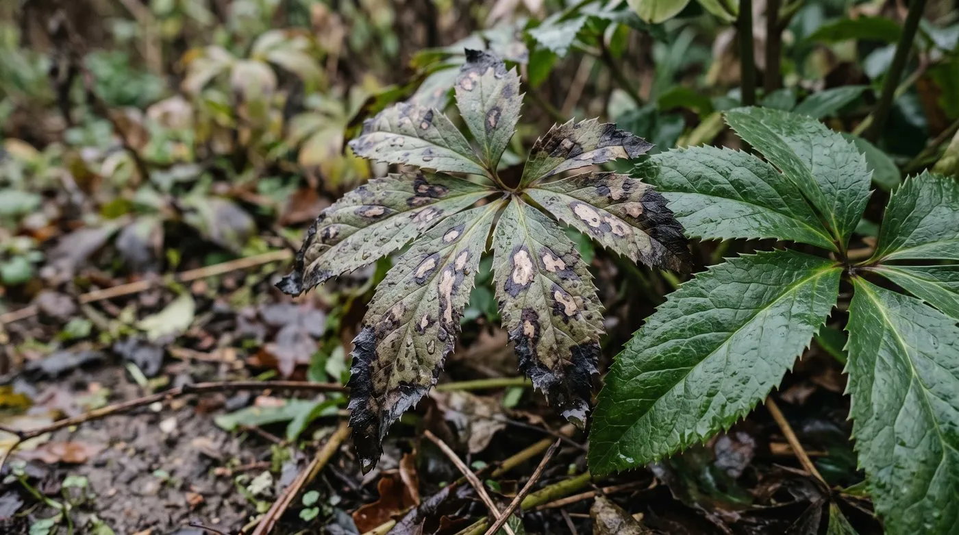 Hellebore leaves with dark brown leaf spot blotches beside a clean, healthy leaf