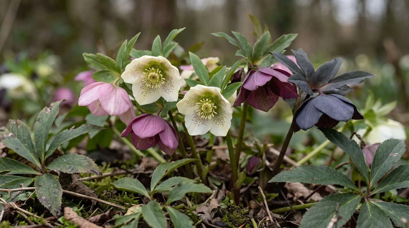 Lenten rose hellebores in speckled white, pink, plum and near-black, one flower tilted up