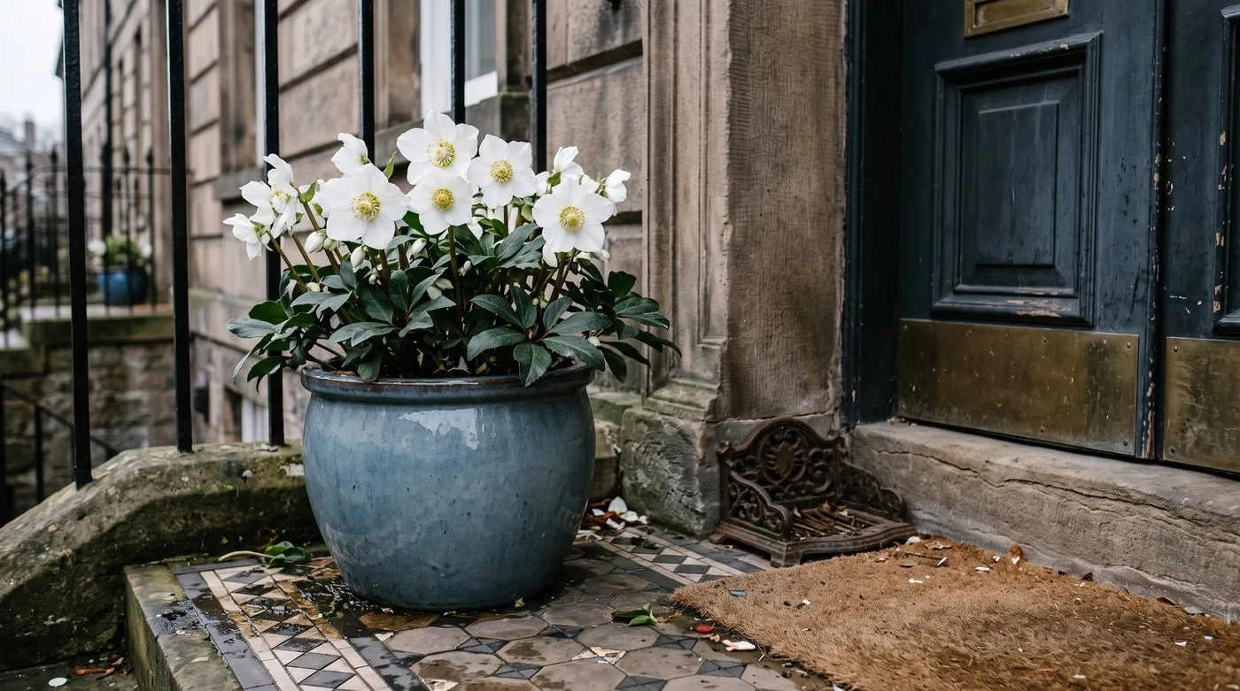 Christmas rose hellebore with white flowers in a large pot beside a terraced house front door