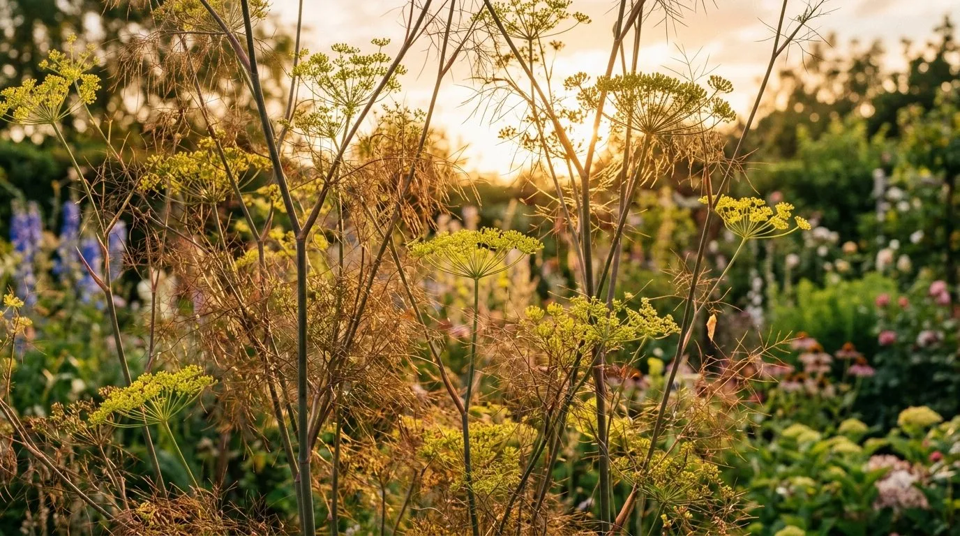 Tall bronze fennel at 2m forming see-through architecture at the back of a UK herb border in late summer sun