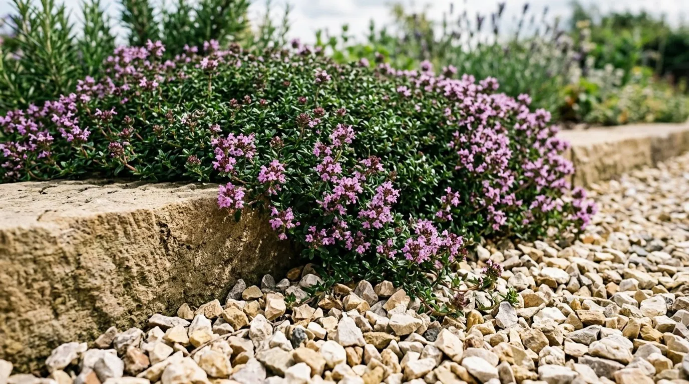 Creeping thyme spilling over a stone edge onto angular gravel mulch at the front of a UK herb border