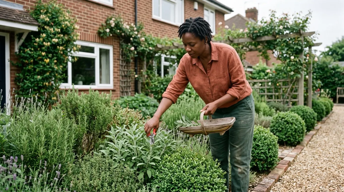 A Black British woman in her forties cutting herbs into a wooden trug from a clipped herb border in a suburban UK garden