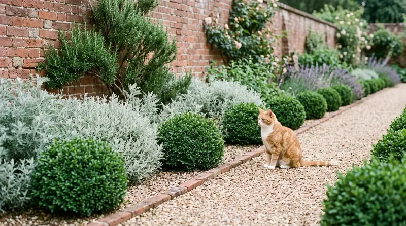 Ornamental herb border with clipped evergreen structure and silver foliage against a red brick UK wall, a cat on the gravel