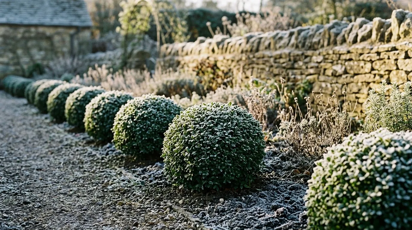 Clipped evergreen Ilex crenata mounds holding the structure of a herb border in winter frost in a UK garden