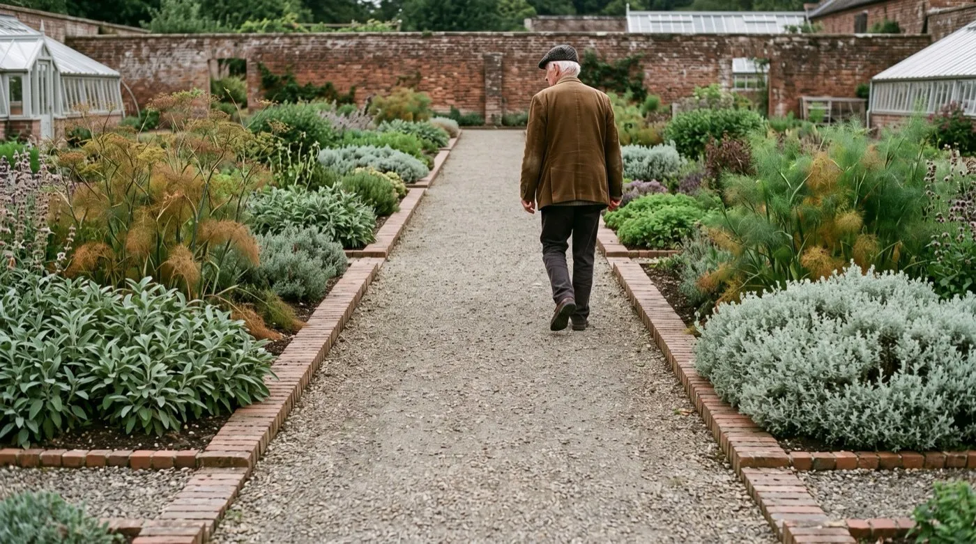 A white British man in his seventies on a straight gravel path with brick-on-edge edging between UK herb beds