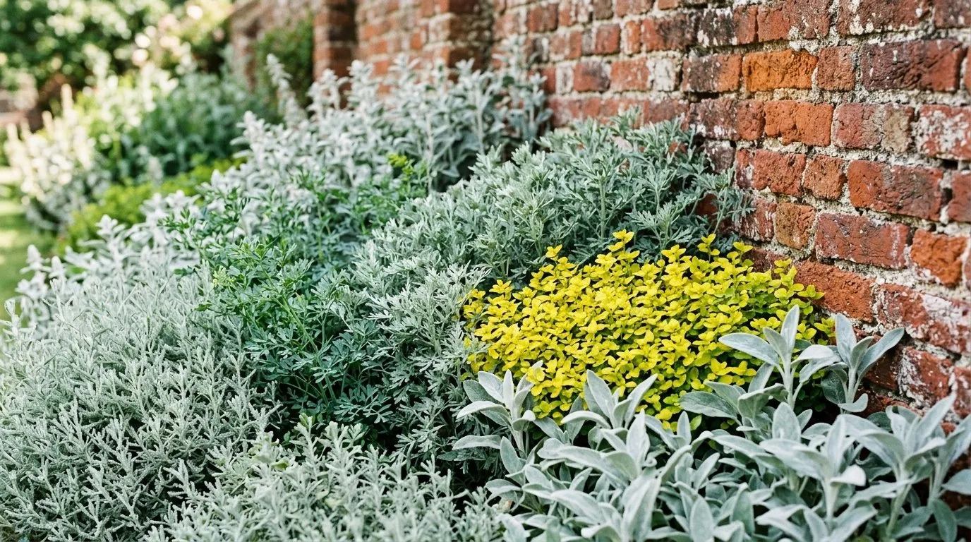 Silver Mediterranean herb foliage including santolina and artemisia against a warm red brick garden wall in the UK