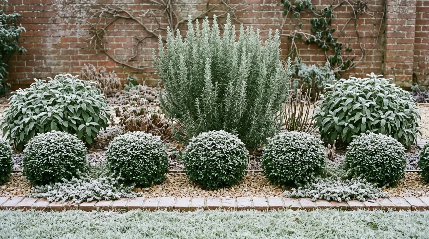 A UK herb border in January frost where clipped evergreen bones still hold the shape after the soft herbs have died back