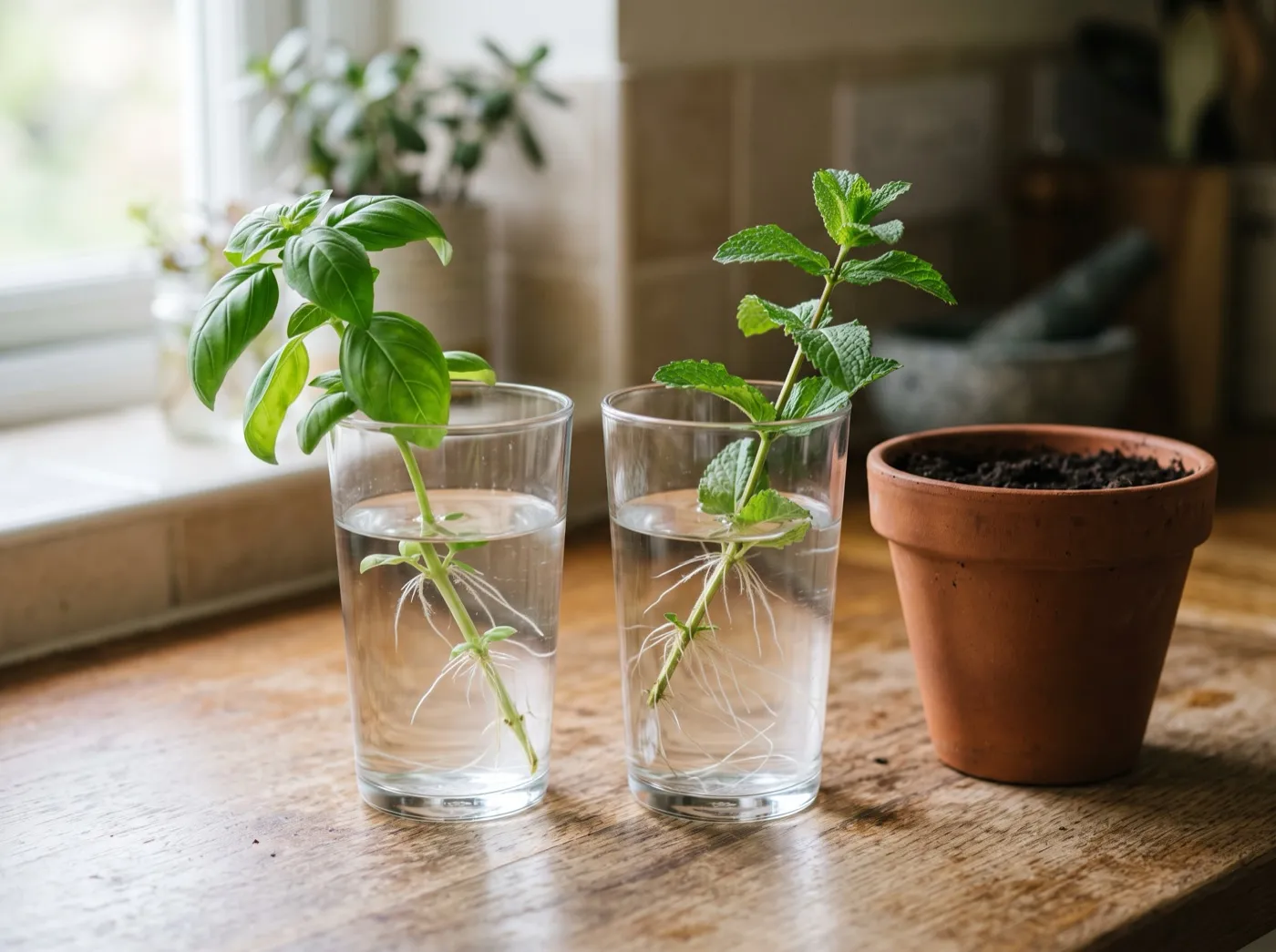 Basil and mint cuttings rooting in a water glass on a UK kitchen windowsill with roots showing at the nodes