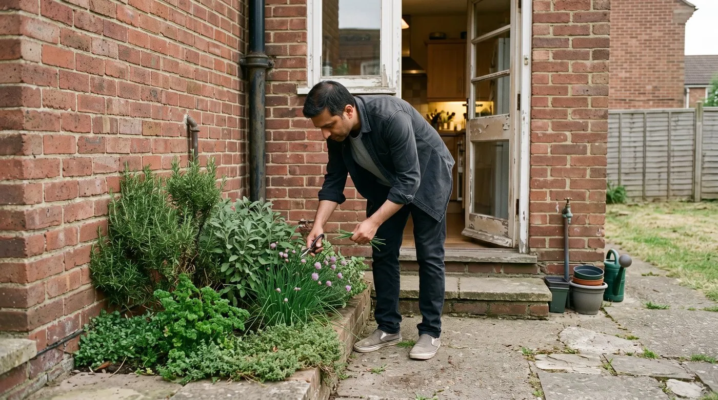 Man snipping chives from a narrow herb border along the wall outside a kitchen door