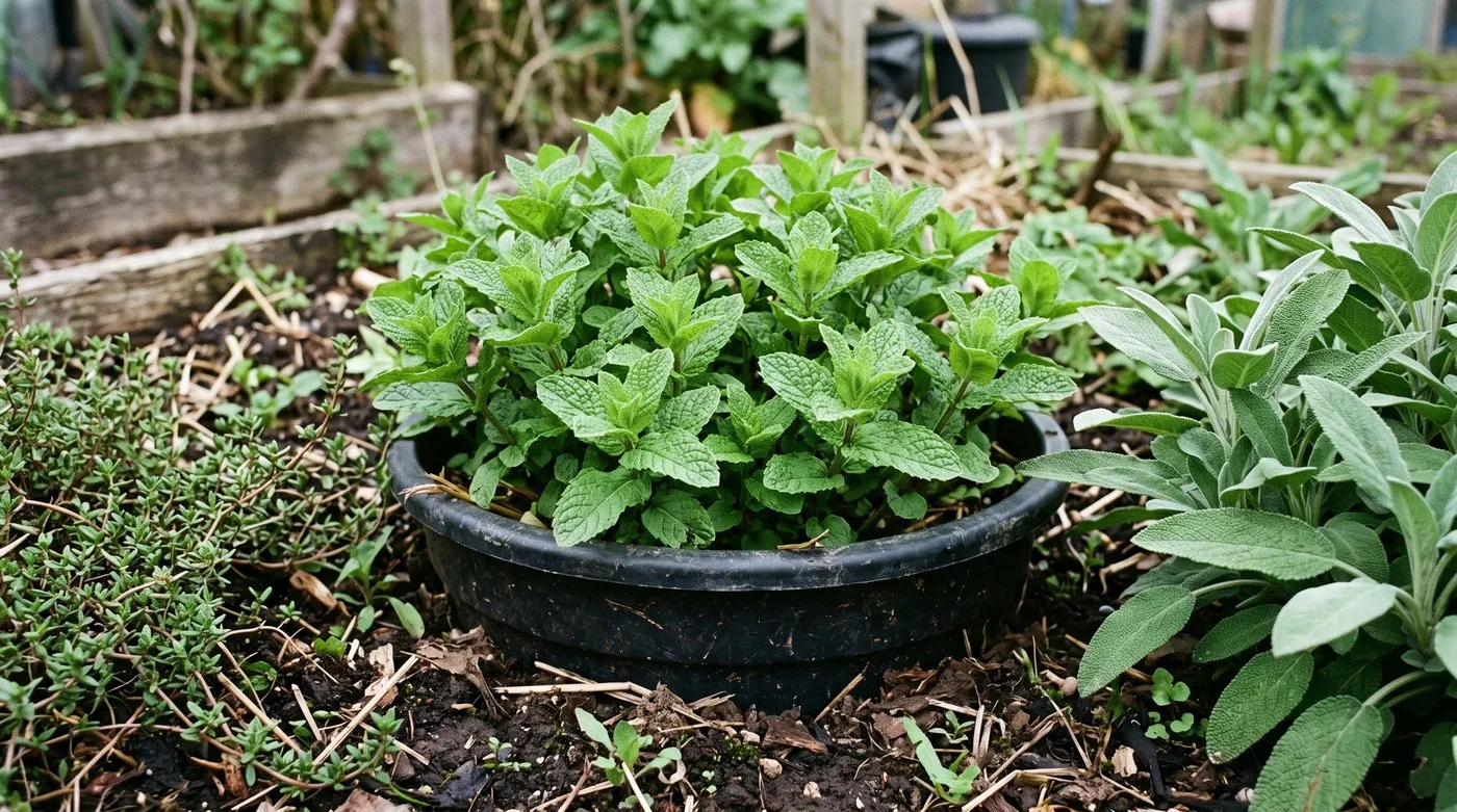 Mint growing in a large pot sunk into a herb bed with the rim just above the soil