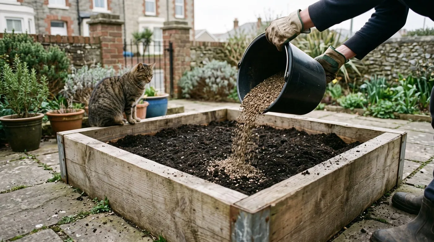 Gloved hands tipping grit into a new scaffold board raised bed filled with compost, with a cat watching