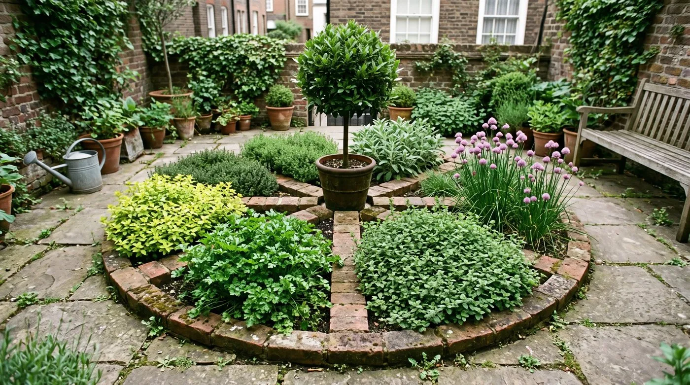 Circular herb wheel bed divided by brick spokes, each section planted with a different herb