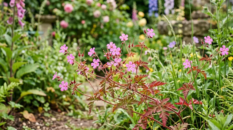 A UK garden border showing herb Robert (Geranium robertianum) with small pink five-petalled flowers and the deeply divided
