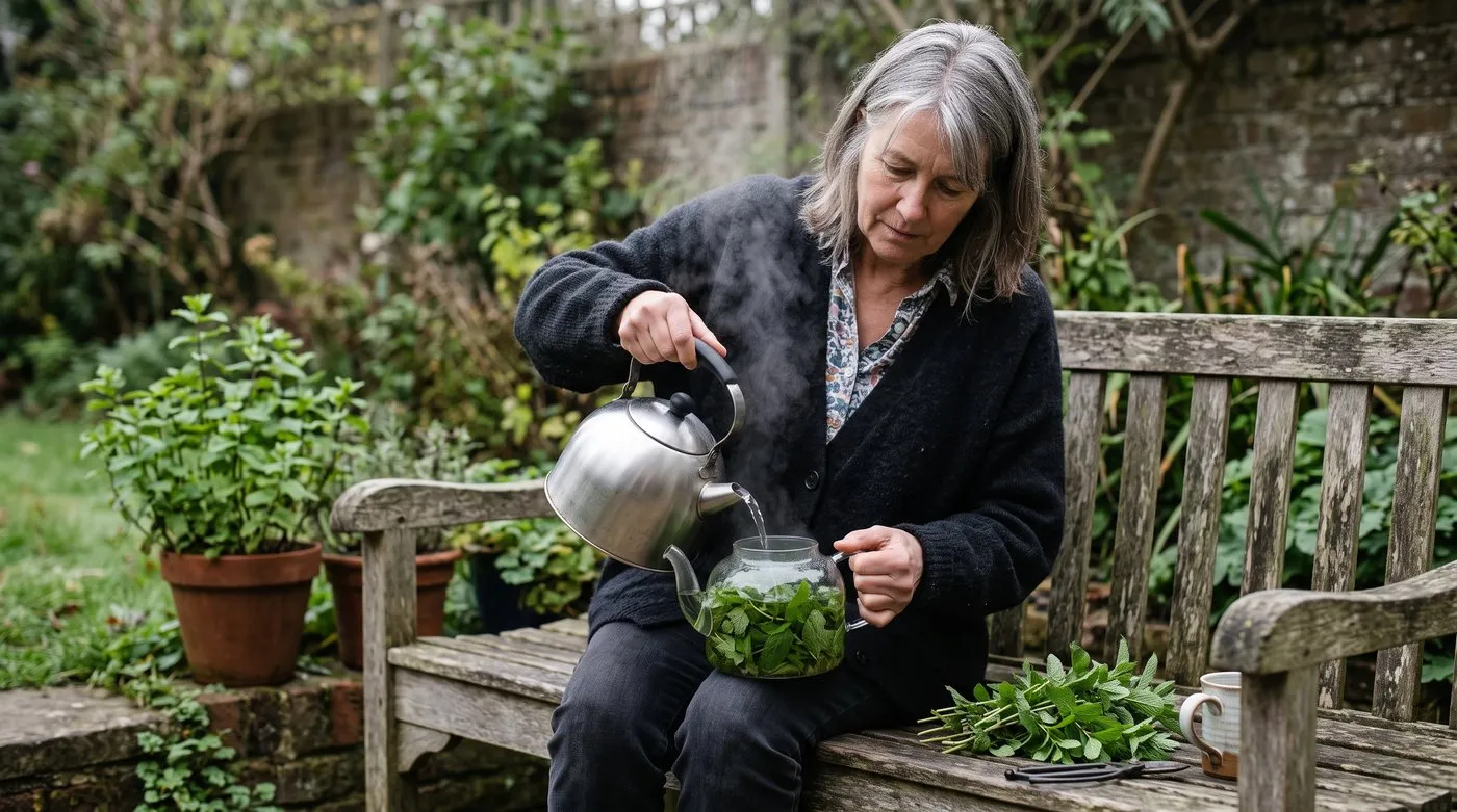 A woman pouring hot water over freshly picked mint and lemon balm in a glass teapot in the garden