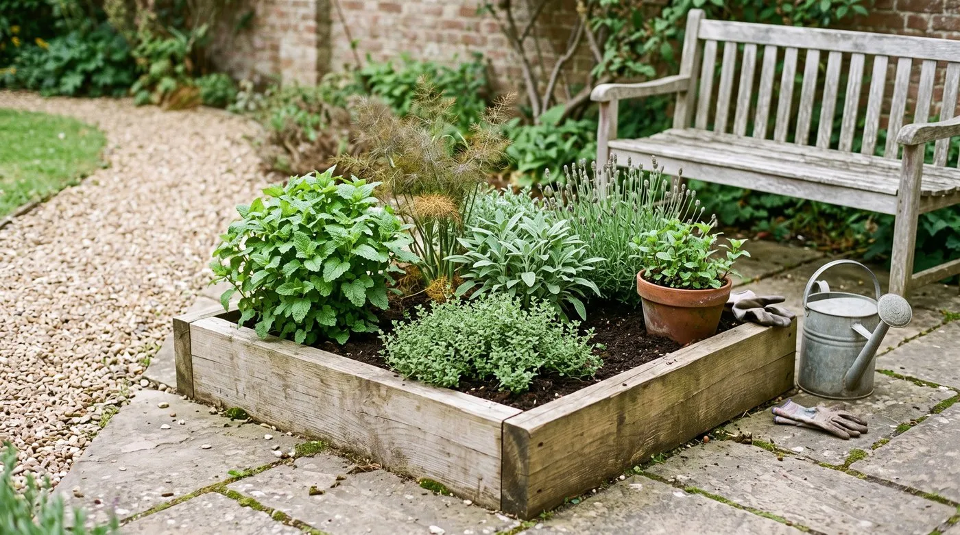 A small raised bed of tea herbs including lemon balm, fennel, sage, thyme, lavender and potted mint