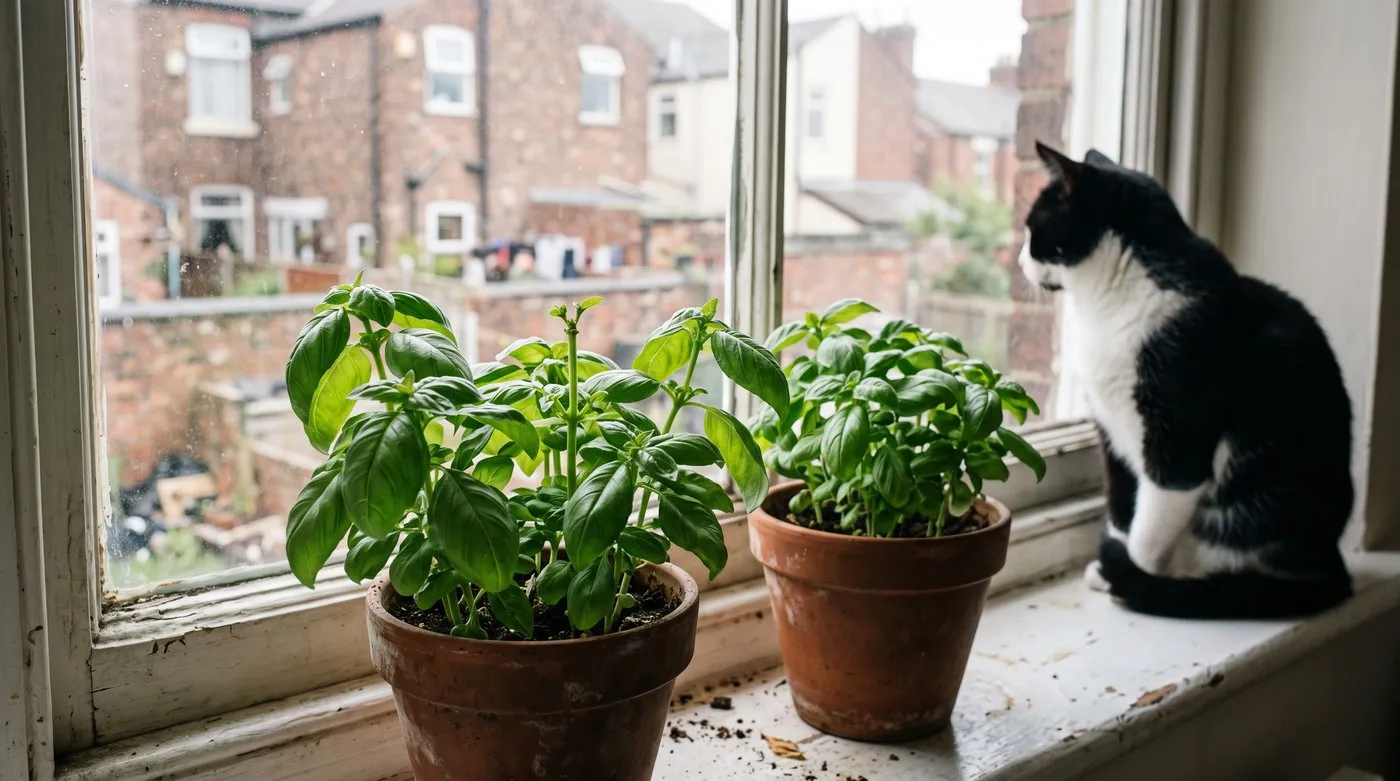 Bushy basil pinched out above a leaf pair on a sunny kitchen windowsill, with a cat beside the pots