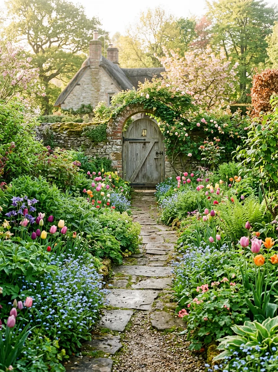 A lush British cottage garden path in spring with tulips and forget-me-nots