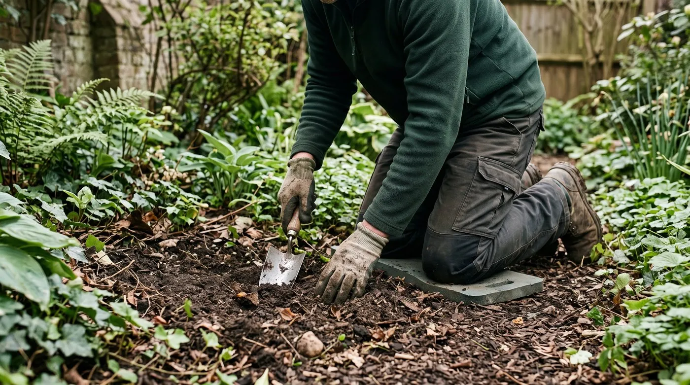 An unidentified gardener uses a hand tool to check soil beside a planted bed.