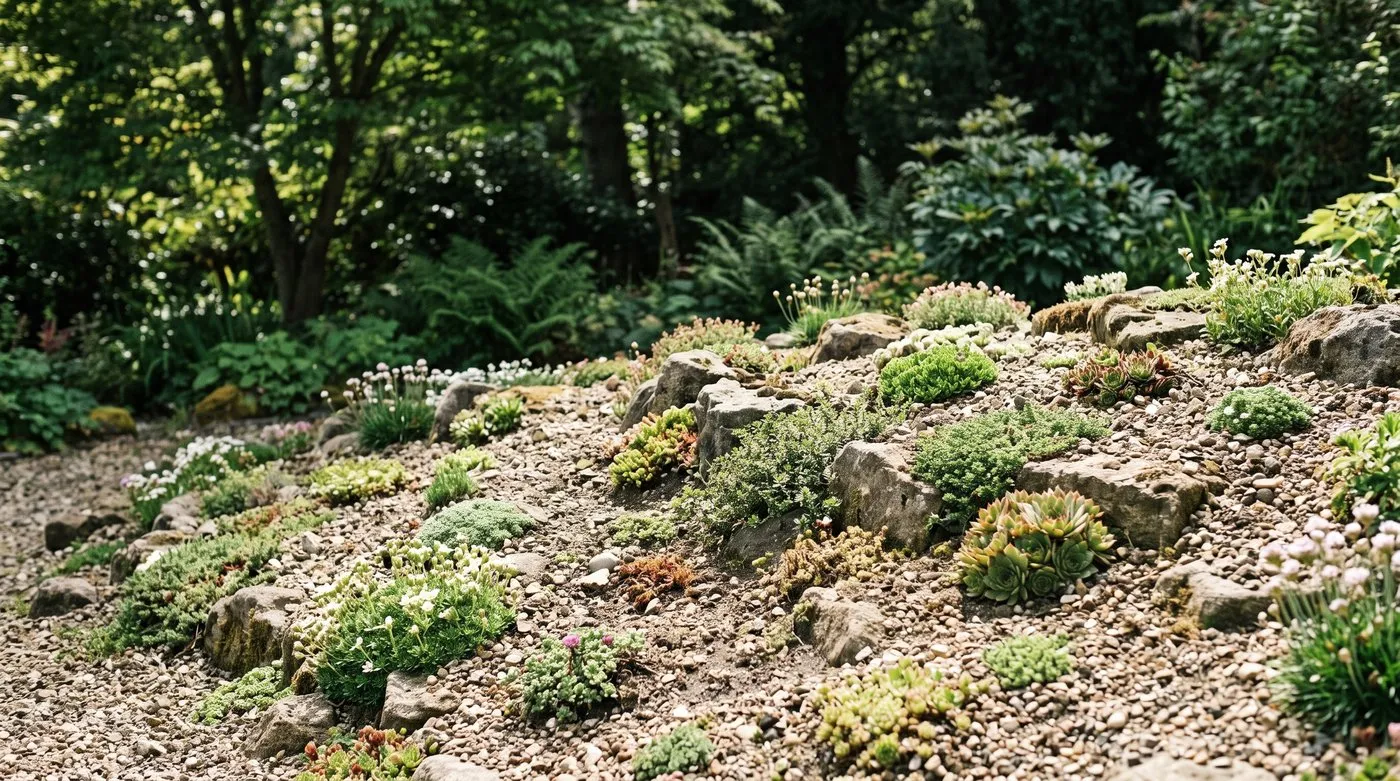 Low plants grow between stones on a sunny gravel bank.
