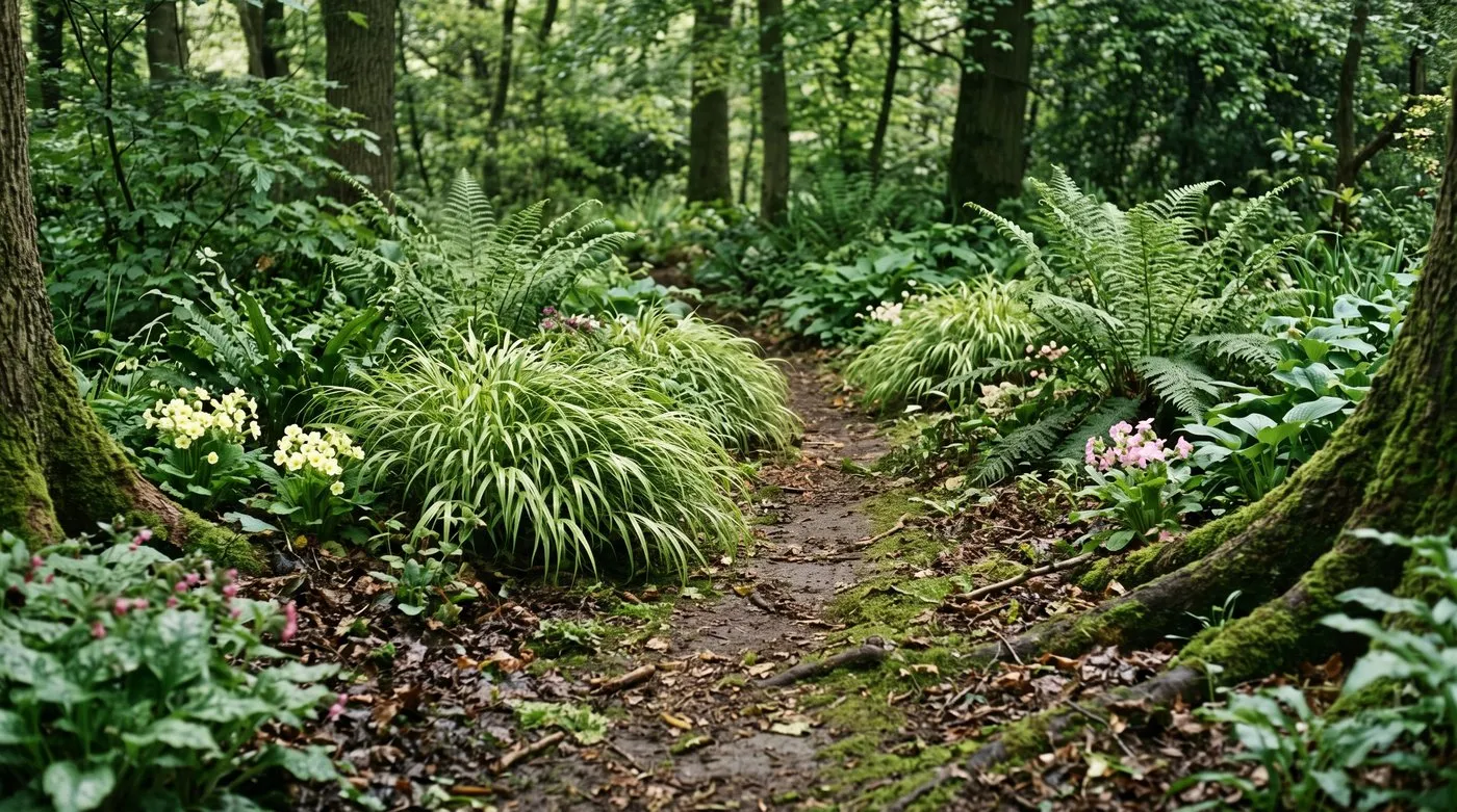 Layers of broad leaves and fine foliage beneath trees in a shaded garden.