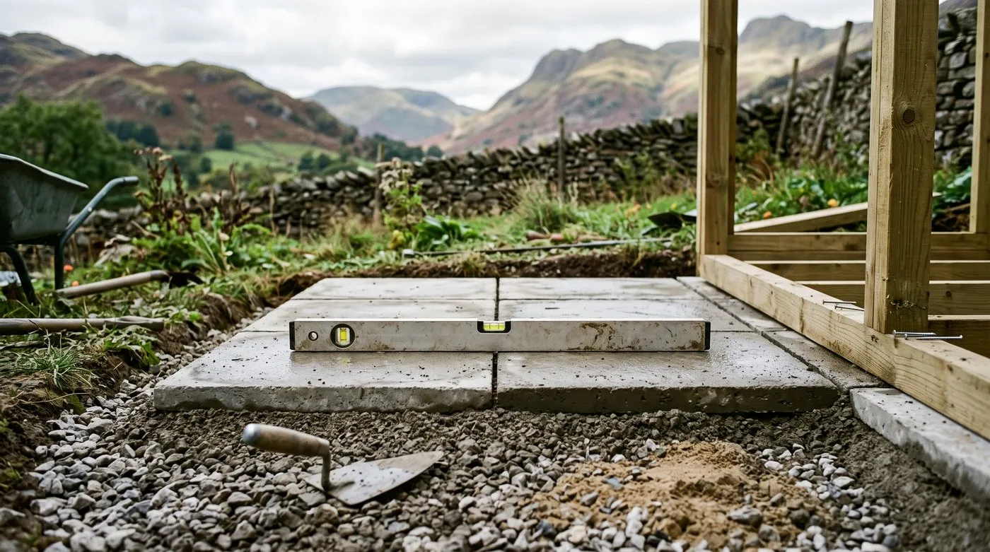 Concrete paving slabs and gravel forming a level base for a wheelie bin store on a Lake District hillside garden