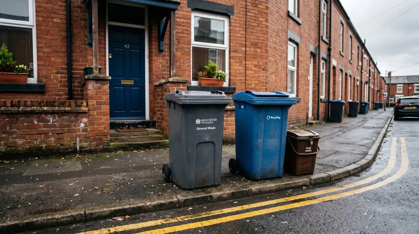Three wheelie bins standing exposed by the kerb outside a red-brick UK terraced house on collection morning
