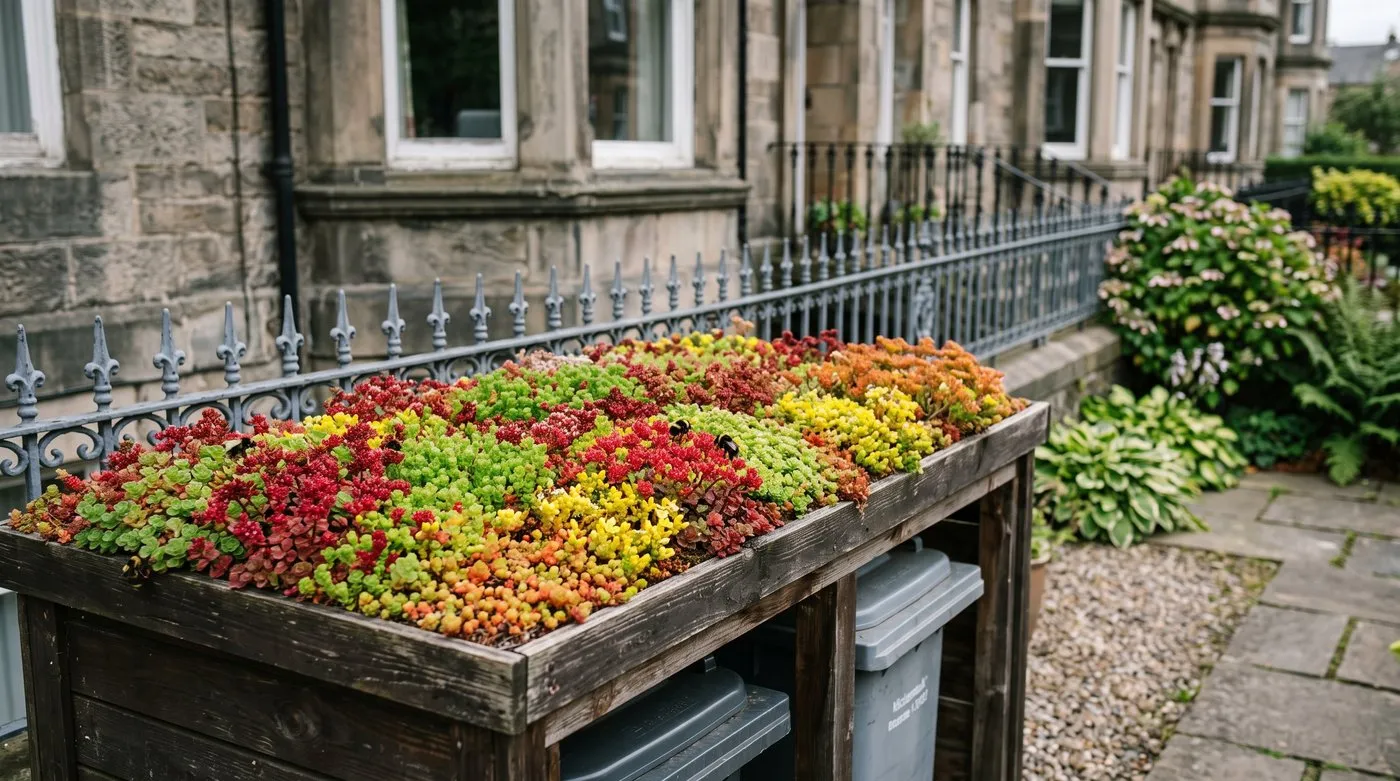 A wheelie bin store topped with a flowering sedum green roof in an Edinburgh front garden, bees visiting the blooms
