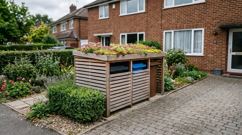 Slatted timber wheelie bin store with a sedum roof hiding three bins in a UK suburban front garden