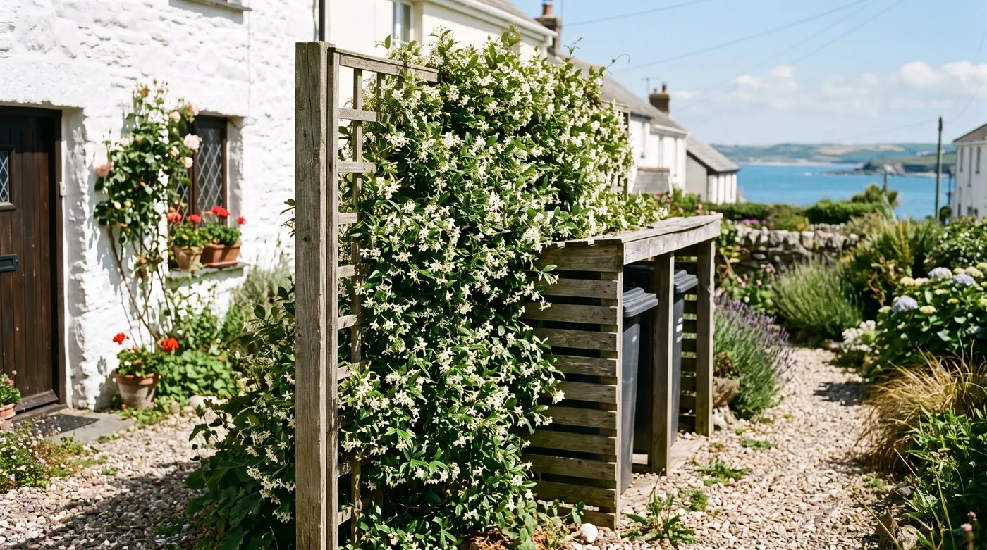 A trellis panel covered in evergreen star jasmine softening a wheelie bin store in a sunny Cornish seaside garden