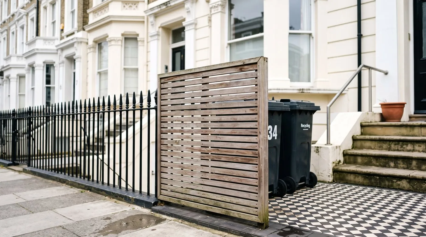 A horizontal-slatted timber screen hiding two wheelie bins beside the steps of a London Victorian townhouse